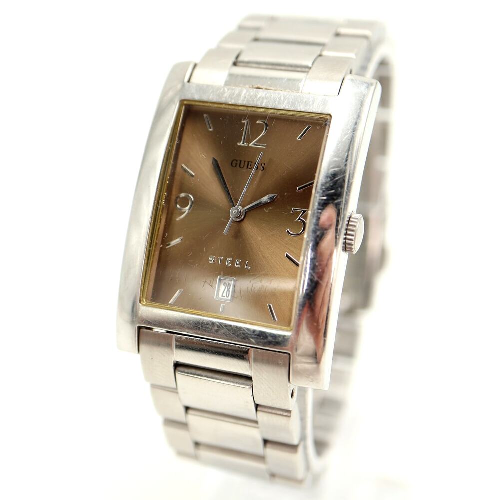 Guess Silver Tone Tank Unisex 28mm Brown Watch 6.5" Stainless Steel New Battery